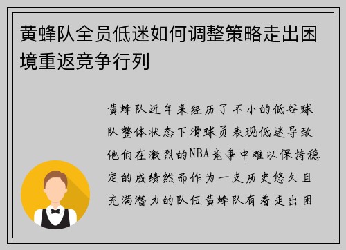 黄蜂队全员低迷如何调整策略走出困境重返竞争行列 黄蜂队全员低迷如何调整策略走出困境重返竞争行列