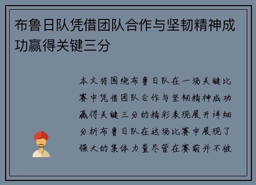 布鲁日队凭借团队合作与坚韧精神成功赢得关键三分