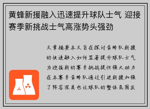 黄蜂新援融入迅速提升球队士气 迎接赛季新挑战士气高涨势头强劲 黄蜂新援融入迅速提升球队士气 迎接赛季新挑战士气高涨势头强劲