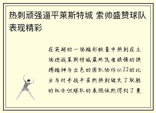 热刺顽强逼平莱斯特城 索帅盛赞球队表现精彩 热刺顽强逼平莱斯特城 索帅盛赞球队表现精彩