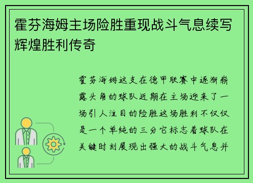 霍芬海姆主场险胜重现战斗气息续写辉煌胜利传奇 霍芬海姆主场险胜重现战斗气息续写辉煌胜利传奇