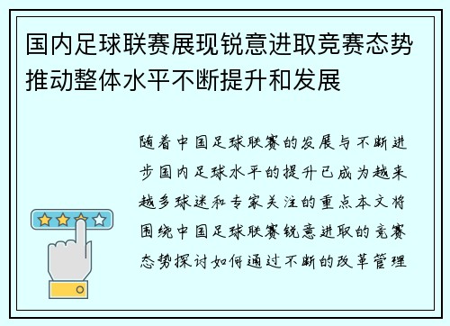 国内足球联赛展现锐意进取竞赛态势推动整体水平不断提升和发展 国内足球联赛展现锐意进取竞赛态势推动整体水平不断提升和发展